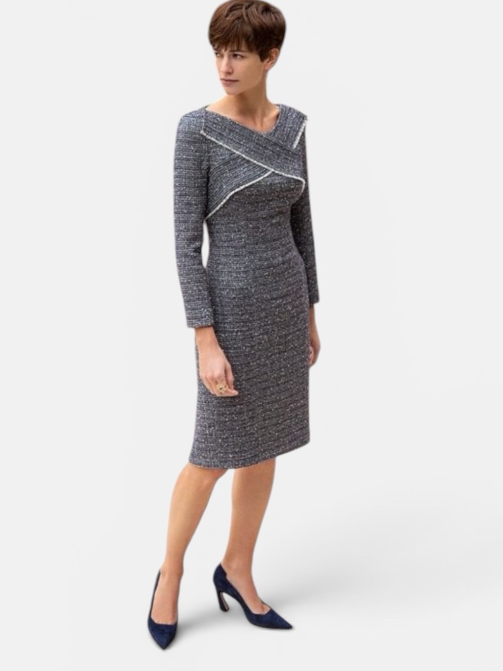 The Fold London Textured Boucle Sheath Dress Navy Ivory Fringe Detail UK 12 US 8